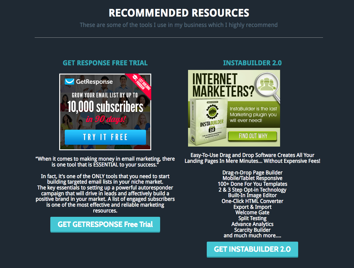 Recommended Resources Get Response Free Trial InstaBuilder 2